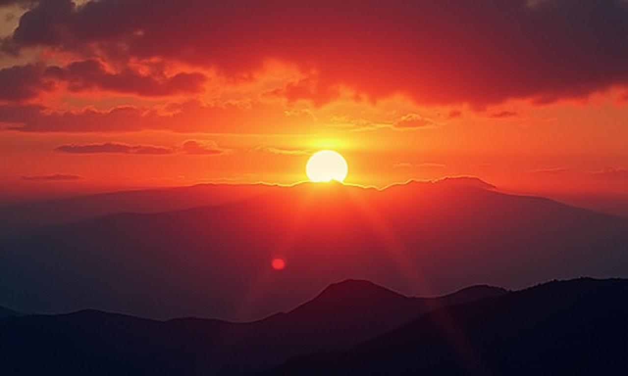 Sonnenuntergang auf einem Berggipfel mit weitreichendem Panorama