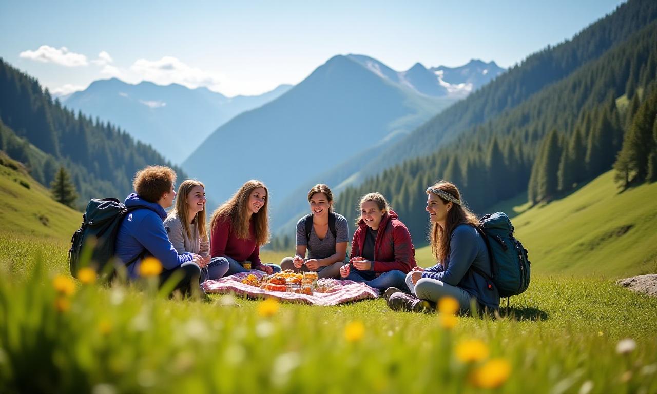Wandergruppe macht Picknick auf einer Bergwiese